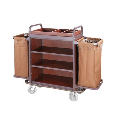 OEM Painted Metal Hotel Service Trolley Cleaning Cart With Wood Fireproof Panels