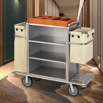 Hotel Lobby Stainless Steel Housekeeping Cart Guest Room Service Trolley With Linen Bags