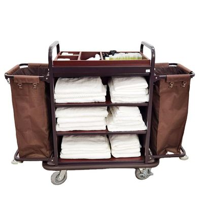 Metal Maid Hotel Cleaning Trolley , Convenient Steel Room Service Carts For Hotels